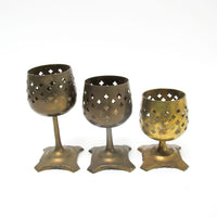 Set of 3 India Lattice Brass Candlestick holders on tri foot bases