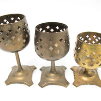 Set of 3 India Lattice Brass Candlestick holders on tri foot bases