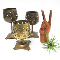 Set of 3 India Lattice Brass Candlestick holders on tri foot bases