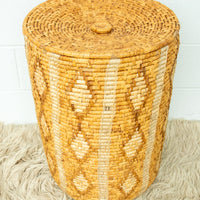 Large Neutral Woven Basket with Lid - with tan and cream accents - some fraying