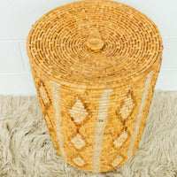 Large Neutral Woven Basket with Lid - with tan and cream accents - some fraying