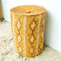 Large Neutral Woven Basket with Lid - with tan and cream accents - some fraying
