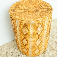 Large Neutral Woven Basket with Lid - with tan and cream accents - some fraying