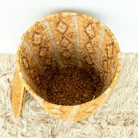 Large Neutral Woven Basket with Lid - with tan and cream accents - some fraying