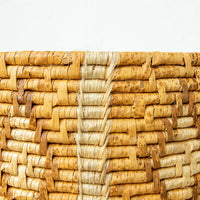 Large Neutral Woven Basket with Lid - with tan and cream accents - some fraying