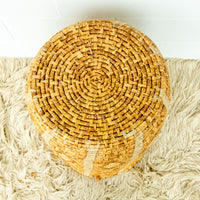 Large Neutral Woven Basket with Lid - with tan and cream accents - some fraying