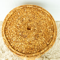 Large Neutral Woven Basket with Lid - with tan and cream accents - some fraying