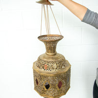 Moroccan Hanging Brass Lamp with red jewels