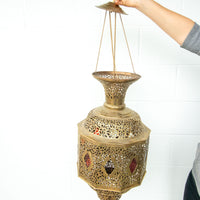 Moroccan Hanging Brass Lamp with red jewels