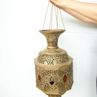 Moroccan Hanging Brass Lamp with red jewels