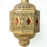 Moroccan Hanging Brass Lamp with red jewels