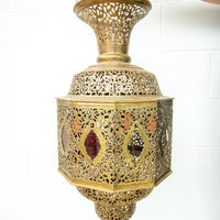 Moroccan Hanging Brass Lamp with red jewels