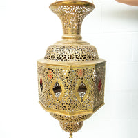 Moroccan Hanging Brass Lamp with red jewels