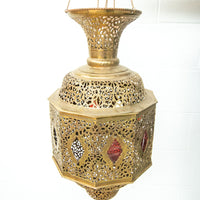 Moroccan Hanging Brass Lamp with red jewels