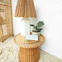 Woven Shade Vintage Ceramic Lamp with White Hexagon Base