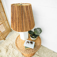 Woven Shade Vintage Ceramic Lamp with White Hexagon Base