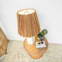 Woven Shade Vintage Ceramic Lamp with White Hexagon Base