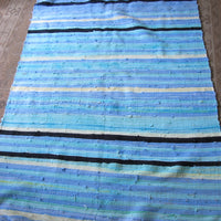 Vintage Blue Fabric Scrap Rug with Yellow, Black and White Accents