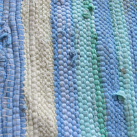Vintage Blue Fabric Scrap Rug with Yellow, Black and White Accents