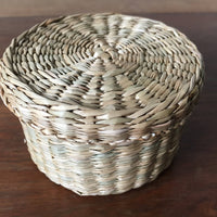 Vintage Intricately Woven Neutral Circular Basket Box with Lid