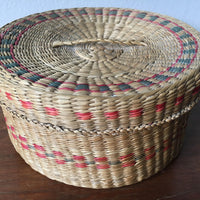 Vintage Intricately Woven Circular Neutral Basket Box with Lid