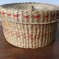 Vintage Intricately Woven Circular Neutral Basket Box with Lid