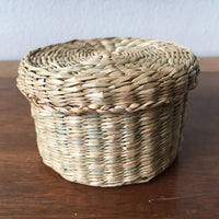 Vintage Intricately Woven Neutral Circular Basket Box with Lid