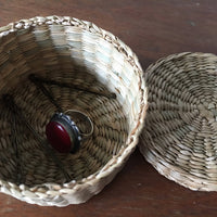 Vintage Intricately Woven Neutral Circular Basket Box with Lid