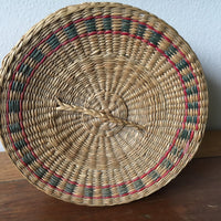 Vintage Intricately Woven Circular Neutral Basket Box with Lid