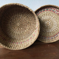 Vintage Intricately Woven Circular Neutral Basket Box with Lid