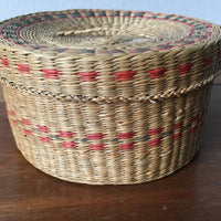 Vintage Intricately Woven Circular Neutral Basket Box with Lid