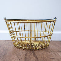Vintage Galvanized Metal Egg Basket in Distressed Yellow and Spiral Metal Handle
