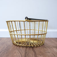 Vintage Galvanized Metal Egg Basket in Distressed Yellow and Spiral Metal Handle