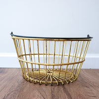 Vintage Galvanized Metal Egg Basket in Distressed Yellow and Spiral Metal Handle