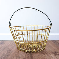 Vintage Galvanized Metal Egg Basket in Distressed Yellow and Spiral Metal Handle