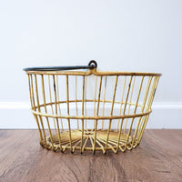 Vintage Galvanized Metal Egg Basket in Distressed Yellow and Spiral Metal Handle