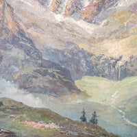 Gorgeous Rustic Large Vintage Mountain Landscape Painting with Hand Carved Frame