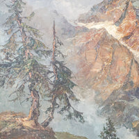 Gorgeous Rustic Large Vintage Mountain Landscape Painting with Hand Carved Frame