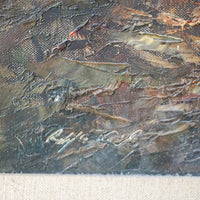 Gorgeous Rustic Large Vintage Mountain Landscape Painting with Hand Carved Frame