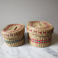 Vintage set of Two Small Intricately Woven Stacking Oval Baskets with Original Lids