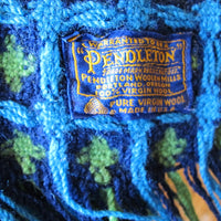 Vintage Pendleton Woolen Mills Woven Wool Double Sided Blanket/Throw - in Lime Green, Navy and Light Blue