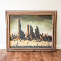 James Sims Arizona Desert Landscape Painting with Original Rustic Wood Frame