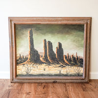 Rare Large Vintage Desert Landscape Painting with Original Rustic Wood Frame by James Sims Arizona
