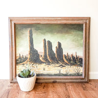 Rare Large Vintage Desert Landscape Painting with Original Rustic Wood Frame by James Sims Arizona