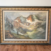 Gorgeous Rustic Large Vintage Mountain Landscape Painting with Hand Carved Frame