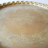 Beautiful Vintage Engraved Brass Table Top with Hand Spun Wooden Folding Legs