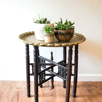 Beautiful Vintage Engraved Brass Table Top with Hand Spun Wooden Folding Legs