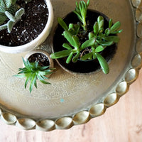 Beautiful Vintage Engraved Brass Table Top with Hand Spun Wooden Folding Legs