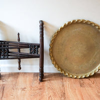 Beautiful Vintage Engraved Brass Table Top with Hand Spun Wooden Folding Legs