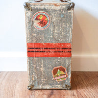 Vintage Distressed Industrial Mini Trunk with Leather Handle, Metal Clasp and Original Stickers